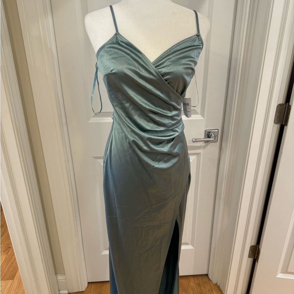 Jolina Wrap Skirt Satin Dress Seafoam